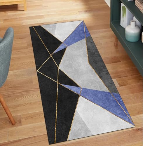 QQrunner Teppich Läufer Flur Waschbar, Patchwork rutschfest 120x550CM Teppichläufer Küchenteppich Meterware Lang Blau Korridor Kücheläufer von QQrunner