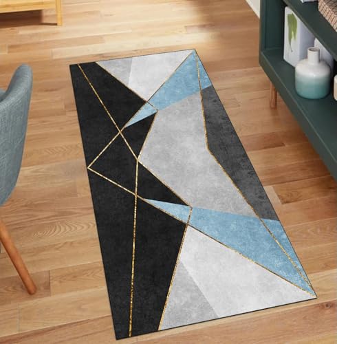 QQrunner Teppich Läufer Flur Waschbar, Patchwork rutschfest 90x950CM Teppichläufer Küchenteppich Meterware Lang Hell Blau Kücheläufer Korridor Polyester Wohnzimmer Schlafzimmer von QQrunner