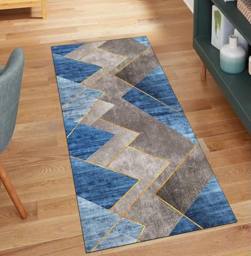 QQrunner Teppich Läufer Flur Waschbar, rutschfest Grau Blau 100x700CM Teppichläufer Lang Meterware Patchwork Küchenläufer Korridor Polyester Wohnzimmer Schmutzfangmatte von QQrunner