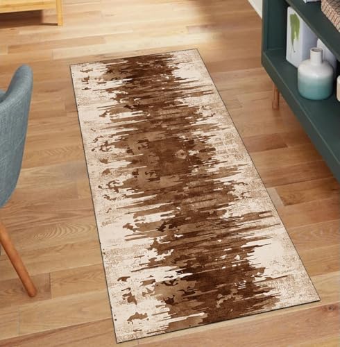 QQrunner Teppich Läufer Flur Waschbar Abstrakt 70x110CM Teppichläufer Küchenteppich Meterware rutschfest Lang Braun Korridor Kücheläufer von QQrunner