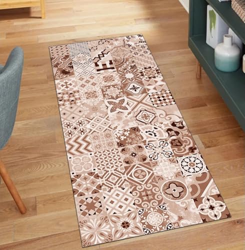 QQrunner Teppich Läufer Flur Waschbar rutschfest Boho 110x600CM Teppichläufer Küchenteppich Meterware Lang Braun Korridor Kücheläufer von QQrunner