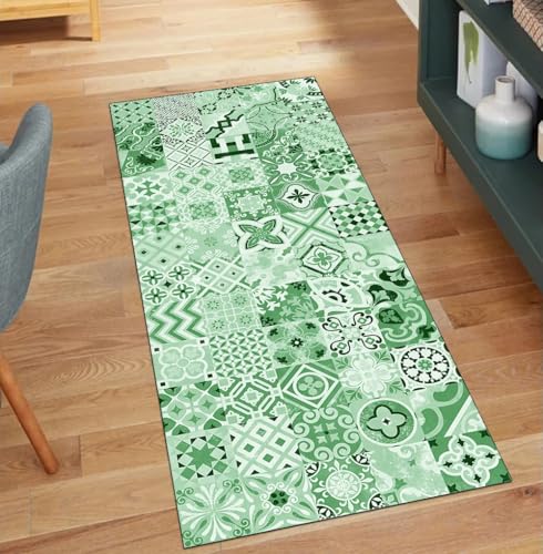 QQrunner Teppich Läufer Flur Waschbar rutschfest Boho 40x350CM Teppichläufer Küchenteppich Meterware Lang Grün Korridor Kücheläufer von QQrunner