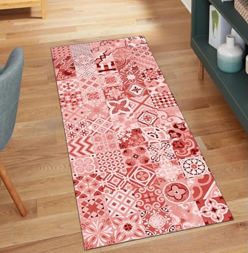 QQrunner Teppich Läufer Flur Waschbar rutschfest Boho 70x600CM Teppichläufer Küchenteppich Meterware Lang Rot Korridor Kücheläufer von QQrunner