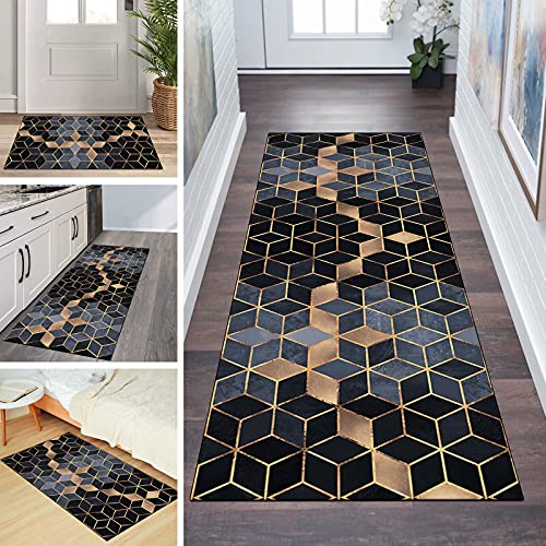 QQrunner Teppich Läufer Flur rutschfest 100x350cm Küchenteppich Schwarz Grau Gold Geometrisch Waschbar Meterware Schlafzimmer Korridor Teppichläufer Lang, Länge Anpassbare, 40-120cm Breit von QQrunner
