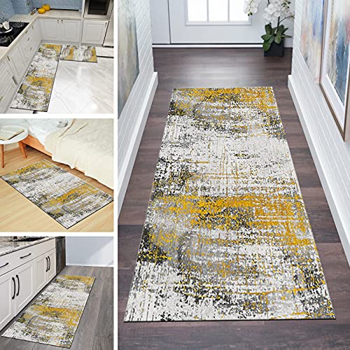 QQrunner Teppich Läufer Flur rutschfest 80x200cm Küchenteppich Abstrakt Grau Gelb Waschbar Meterware Schlafzimmer Korridor Teppich Lang Länge Anpassbare, 60/70/ 80/90/ 100/110/ 120cm Breit von QQrunner