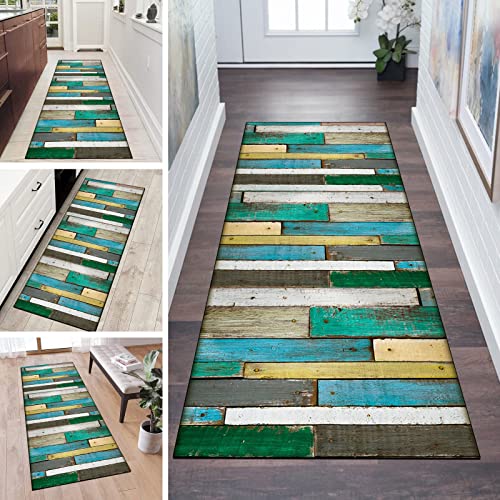 QQrunner Teppich Läufer Flur rutschfest Blau Grün Meterware 60x450cm Waschbar Küchenteppich Holzmaserung Schlafzimmer Korridor Teppichläufer Lang, Anpassbare Größe, 60-120cm Breit von QQrunner