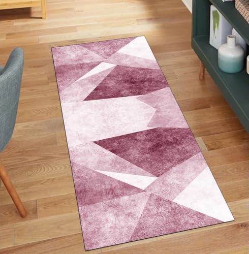 QQrunner Teppich Läufer Flur rutschfest Küche 100x300CM Geometrisch Küchenteppich Teppichläufer Meterware Waschbar Lang Rosa Korridor Kücheläufer von QQrunner