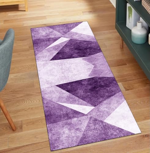 QQrunner Teppich Läufer Flur rutschfest Küche 110x650CM Geometrisch Küchenteppich Teppichläufer Meterware Waschbar Lang Lila Korridor Kücheläufer von QQrunner