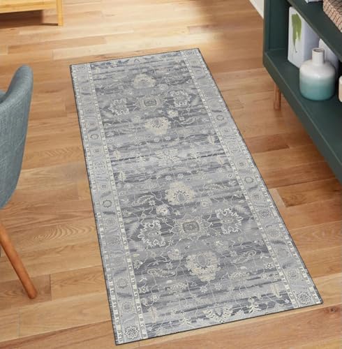 QQrunner Teppich Läufer Flur rutschfest Küche 120x750CM Boho Küchenteppich Teppichläufer Meterware Waschbar Lang Grau Korridor Kücheläufer von QQrunner