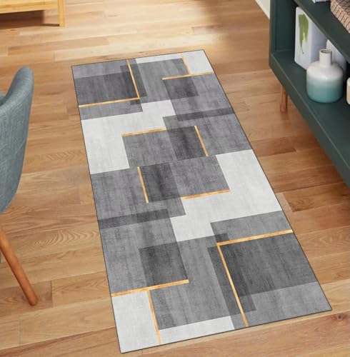 QQrunner Teppich Läufer Flur rutschfest Lang Grau 60x450CM Teppichläufer Meterware Waschbar Modern Küchenläufer Korridor Polyester Wohnzimmer Schmutzfangmatte von QQrunner