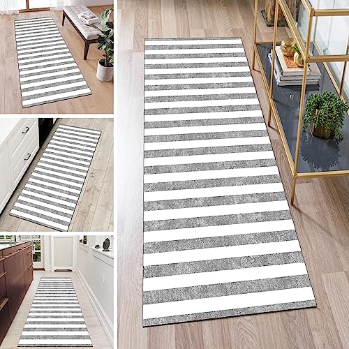 QQrunner Teppich Läufer Flur rutschfest Lang Kücheläufer Waschbar Hell Grau 50x200cm Meterware Weiß Gestreift Teppichmatten Waschbar Korridor Wohnzimmer Schlafzimmer 40-120cm Breit, Anpassbare Größe von QQrunner