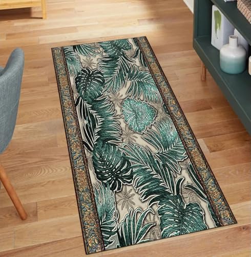 QQrunner Teppich Läufer Flur rutschfest Meterware Dunkle Grün 50x400CM Teppichläufer Lang Waschbar Blattmuster Küchenläufer Korridor Polyester Wohnzimmer Schmutzfangmatte von QQrunner