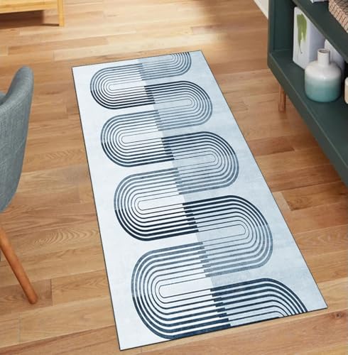 QQrunner Teppich Läufer Flur rutschfest Modern, Waschbar 40x150CM Teppichläufer Küchenteppich Meterware Lang Blau Korridor Kücheläufer von QQrunner