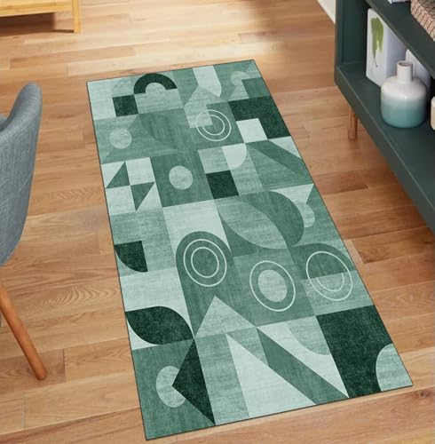 QQrunner Teppich Läufer Flur rutschfest Patchwork 70x1000CM Teppichläufer Küchenteppich Meterware Waschbar Lang Dunkel Grün Korridor Kücheläufer von QQrunner