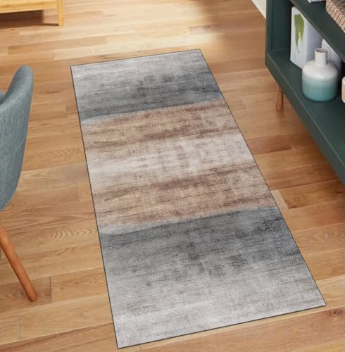 QQrunner Teppich Läufer Flur rutschfest Waschbar Abstrakt 120x220CM Teppichläufer Küchenteppich Meterware Lang Braun Grau Korridor Kücheläufer von QQrunner