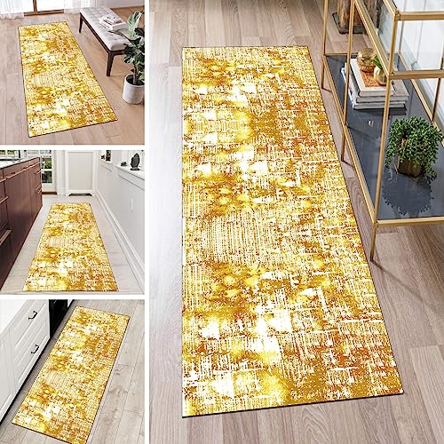 QQrunner Teppich Läufer Flur rutschfest Waschbar Lang Kücheläufer Gelb 70x130cm Meterware Abstrakt Teppichmatten Waschbar Korridor Wohnzimmer Schlafzimmer 40-120cm Breit, Anpassbare Größe von QQrunner