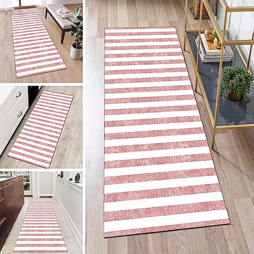 QQrunner Teppich Läufer Flur rutschfest Waschbar Lang Kücheläufer Rosa 90x200cm Meterware Weiß Gestreift Teppichmatten Waschbar Korridor Wohnzimmer Schlafzimmer 40-120cm Breit, Anpassbare Größe von QQrunner
