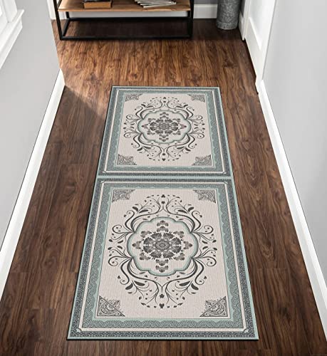 QQrunner Teppich Läufer Meterware 120x180cm Vintage Boho Küchenteppich Waschbar rutschfest Grau Grün Lang Teppichläufer Schlafzimmer Korridor 40-120cm Breit, Anpassbare Größe von QQrunner