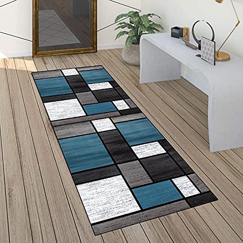 QQrunner Teppich läufer Flur Grau und Blau rutschfest 100x200cm Küchenteppich Patchwork Waschbar Meterware Schlafzimmer Korridor Teppich Lang, Länge Anpassbare, 40-120cm Breit von QQrunner