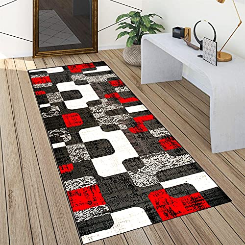 QQrunner Teppich läufer Flur Rot und Grau rutschfest 100x300cm Küchenteppich Patchwork Waschbar Meterware Schlafzimmer Korridor Teppich Lang, Länge Anpassbare, 60/70/ 80/90/ 100/110/ 120cm Breit von QQrunner