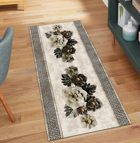 QQrunner Teppichläufer Küche Lang rutschfest Braun 80x400CM Kücheteppich Meterware Waschbar Vintage Küchenläufer Korridor Polyester Wohnzimmer Schmutzfangmatte von QQrunner