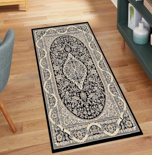 QQrunner Teppichläufer Lang, Vintage Meterware Schwarz 60x150CM Kücheteppich rutschfest Waschbar Teppich Läufer Flur Korridor Polyester Wohnzimmer Schmutzfangmatte von QQrunner