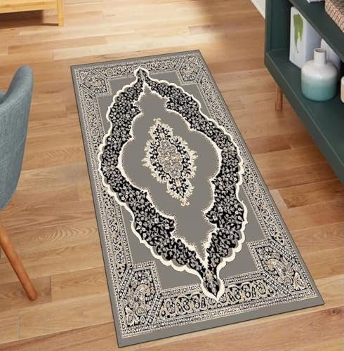 QQrunner Teppichläufer Lang Meterware Vintage Grau 60x150CM Kücheteppich rutschfest Waschbar Teppich Läufer Flur Korridor Polyester Wohnzimmer Schmutzfangmatte von QQrunner