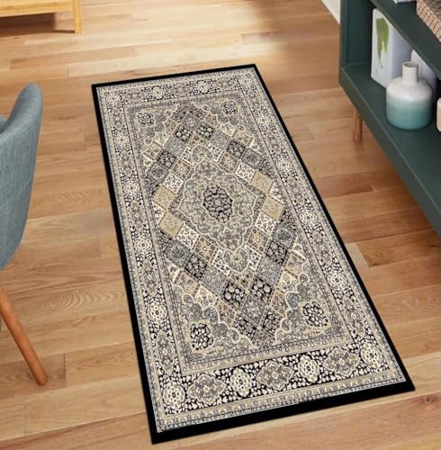 QQrunner Teppichläufer Meterware, Vintage Lang Schwarz 80x160CM Kücheteppich rutschfest Waschbar Teppich Läufer Flur Korridor Polyester Wohnzimmer Schmutzfangmatte von QQrunner