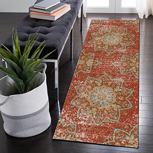 QQrunner Teppichläufer Vintage Boho Küchen 100x400cm Rot Lang Waschbar Küchenteppich rutschfest Teppich Läufer Flur Meterware Schlafzimmer Korridor 40-120cm Breit, Anpassbare Größe von QQrunner