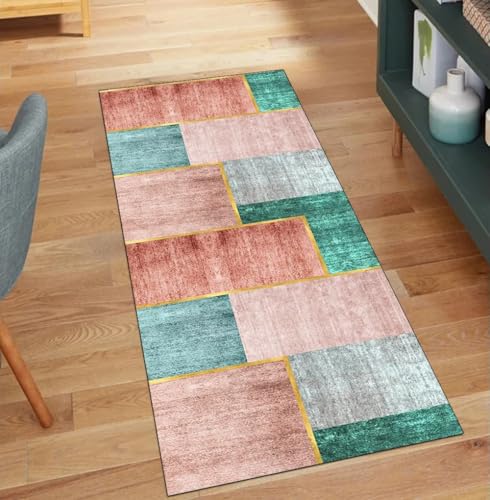 QQrunner Teppichläufer Waschbar, rutschfest Rosa Grün 60x900CM Teppich Läufer Flur Lang Meterware Patchwork Küchenläufer Korridor Polyester Wohnzimmer Schmutzfangmatte von QQrunner