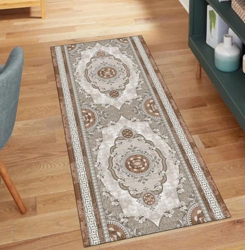 QQrunner Vintage Kücheläufer Waschbar Braun Grau 60x150CM Kücheteppich rutschfest Teppichläufer Meterware Lang Korridor Polyester Wohnzimmer Schmutzfangmatte von QQrunner