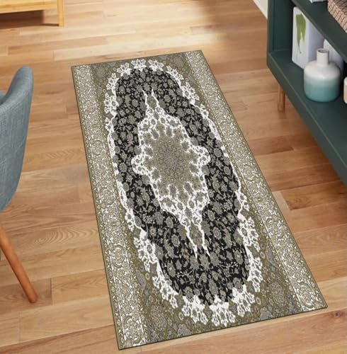 QQrunner Vintage Läufer Flur Meterware Waschbar Grau Grün 60x220CM Kücheteppich rutschfest Teppichläufer Lang Korridor Polyester Wohnzimmer Schmutzfangmatte von QQrunner