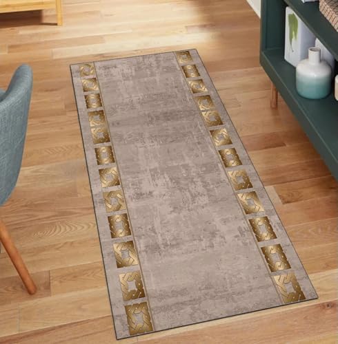 QQrunner Vintage Läufer Lang Waschbar Braun 90x300CM Kücheteppich rutschfest Teppichläufer Meterware Lang Korridor Polyester Wohnzimmer Schmutzfangmatte von QQrunner