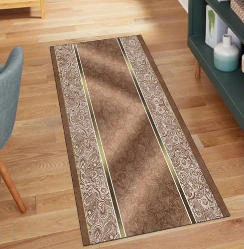 QQrunner Vintage Läufer Teppich Waschbar Braun 70x750CM Kücheteppich rutschfest Teppichläufer Meterware Lang Korridor Polyester Wohnzimmer Schmutzfangmatte von QQrunner