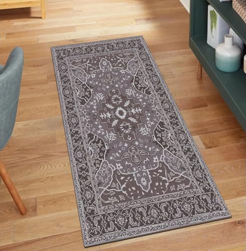 QQrunner Vintage Teppich Läufer Flur Grau Braun 40x350CM Teppichläufer rutschfest Meterware Kücheteppich Waschbar Lang Korridor Polyester Wohnzimmer Schmutzfangmatte von QQrunner