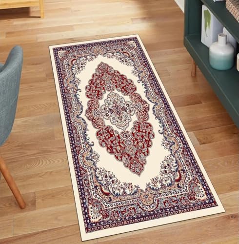 QQrunner Vintage Teppich Läufer Flur Lang Rot 60x300CM Kücheteppich rutschfest Waschbar Teppichläufer Meterware Korridor Polyester Wohnzimmer Schmutzfangmatte von QQrunner