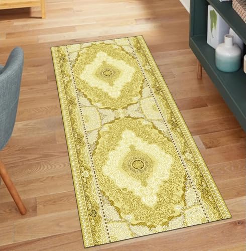 QQrunner Vintage Teppich Läufer Flur rutschfest, Waschbar 100x1200CM Teppichläufer Küchenteppich Meterware Lang Gelb Korridor Kücheläufer QQrunner Vintage Teppich Läufer Flur rutschfest, Waschbar 100x1200CM Teppichläufer Küchenteppich Meterware Lang Gelb Korridor Kücheläufer von QQrunner