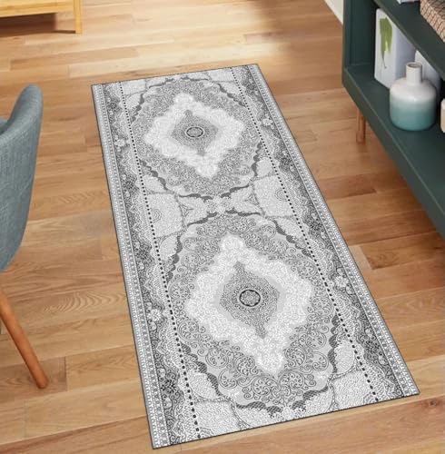 QQrunner Vintage Teppich Läufer Flur rutschfest, Waschbar 50x180CM Teppichläufer Küchenteppich Meterware Lang Grau Korridor Kücheläufer von QQrunner