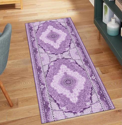 QQrunner Vintage Teppich Läufer Flur rutschfest, Waschbar 70x750CM Teppichläufer Küchenteppich Meterware Lang Lila Korridor Kücheläufer von QQrunner