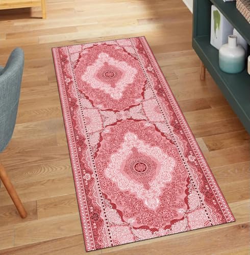 QQrunner Vintage Teppich Läufer Flur rutschfest, Waschbar 80x750CM Teppichläufer Küchenteppich Meterware Lang Rot Korridor Kücheläufer von QQrunner