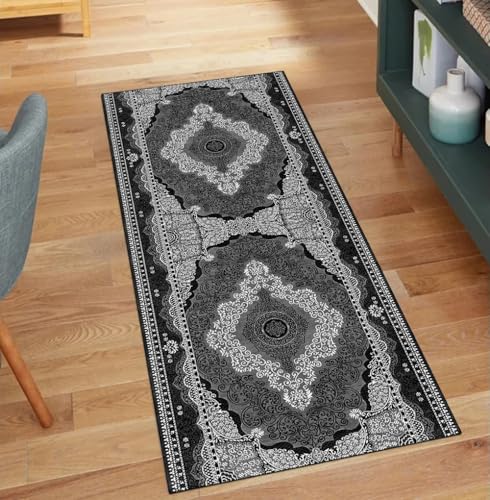 QQrunner Vintage Teppich Läufer Flur rutschfest, Waschbar 90x180CM Teppichläufer Küchenteppich Meterware Lang Schwarz Kücheläufer Korridor Polyester Wohnzimmer Schlafzimmer von QQrunner