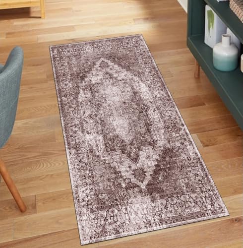 QQrunner Vintage Teppich Läufer Flur rutschfest Waschbar 100x750CM Teppichläufer Küchenteppich Meterware Lang Braun Korridor Kücheläufer von QQrunner