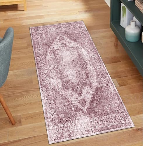QQrunner Vintage Teppich Läufer Flur rutschfest Waschbar 60x60CM Teppichläufer Küchenteppich Meterware Lang Rosa Korridor Kücheläufer von QQrunner