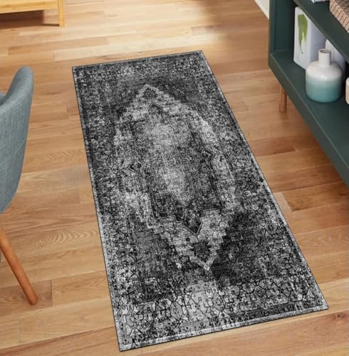 QQrunner Vintage Teppich Läufer Flur rutschfest Waschbar 90x200CM Teppichläufer Küchenteppich Meterware Lang Schwarz Kücheläufer Korridor Polyester Wohnzimmer Schlafzimmer QQrunner Vintage Teppich Läufer Flur rutschfest Waschbar 90x200CM Teppichläufer Küchenteppich Meterware Lang Schwarz Kücheläufer Korridor Polyester Wohnzimmer Schlafzimmer von QQrunner