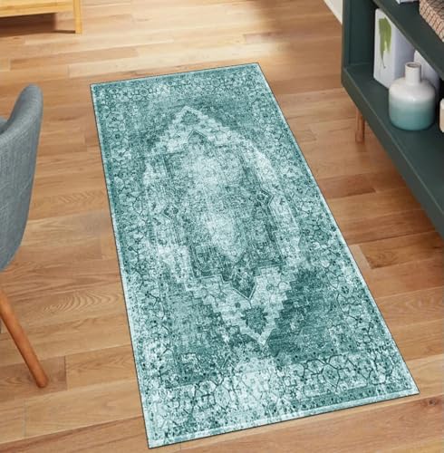QQrunner Vintage Teppich Läufer Flur rutschfest Waschbar 90x450CM Abstract Teppichläufer Küchenteppich rutschfest Lang Waschbar Cyan Korridor Kücheläufer von QQrunner