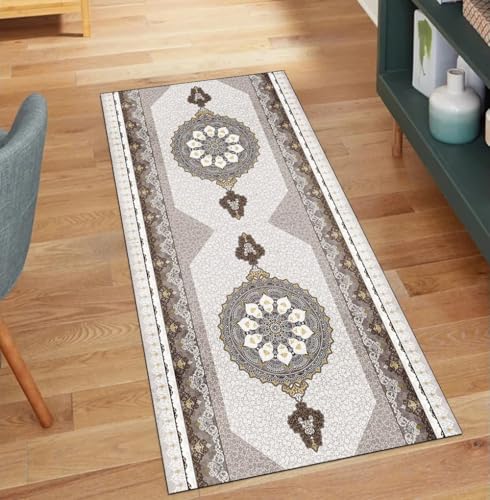 QQrunner Waschbar Läufer Flur Lang Vintage Grau 90x800CM Kücheteppich rutschfest Teppichläufer Meterware Lang Korridor Polyester Wohnzimmer Schmutzfangmatte von QQrunner