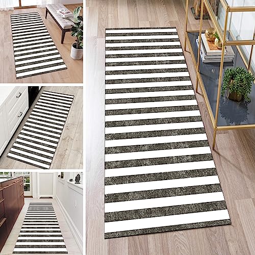 Teppich Läufer Flur rutschfest Waschbar Lang Kücheläufer Dunkel Grau 40x150cm Meterware Weiß Gestreift Teppichmatten Waschbar Korridor Wohnzimmer Schlafzimmer 40 - 120cm Breit, Anpassbare Größe von QQrunner