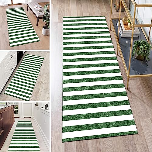 Teppich Läufer Flur rutschfest Waschbar Lang Kücheläufer Dunkel Grün 70x250cm Meterware Weiß Gestreift Teppichmatten Waschbar Korridor Wohnzimmer Schlafzimmer 40 - 120cm Breit, Anpassbare Größe von QQrunner
