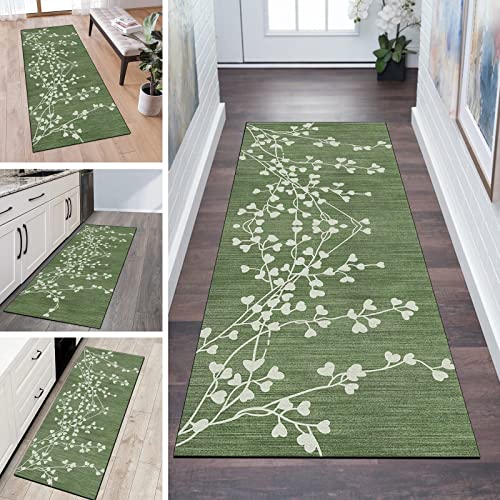 Teppichläufer rutschfest Meterware 60x450cm Grün Vintage Blatt Muster Dünner Waschbar Läufer Teppich Flur Schlafzimmer Korridor Küchenläufer Teppich Lang, Anpassbare Größe, 40-120cm Breit von QQrunner