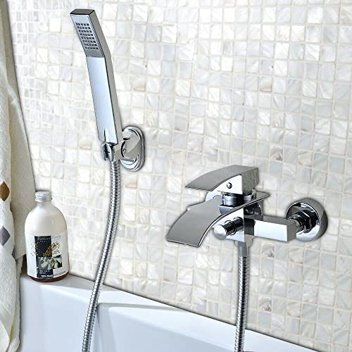 Badewannenarmatur mit Handbrause, Wasserfall Wanne Mischbatterie Duscharmatur mit Keramikventil Wandhalterung Chromarmatur, für Badewanne und Bad von QRANSEUYXY